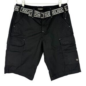 True Religion Men's Jet Black Belted Logo Cargo Shorts Size 32 Zip/Button NWT